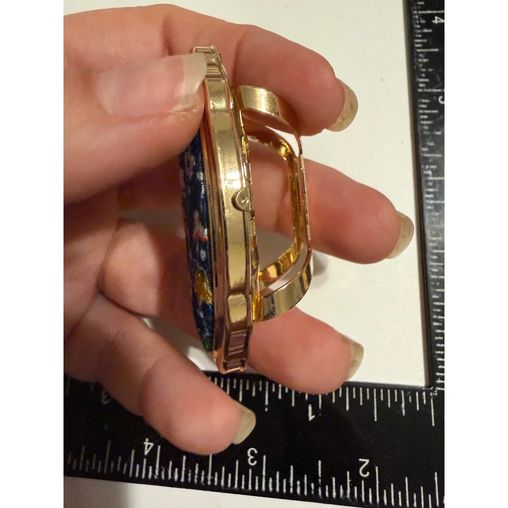 Vintage Gold Tone Lipstick Holder Case with Mirror Blue Floral Fabric Inlay